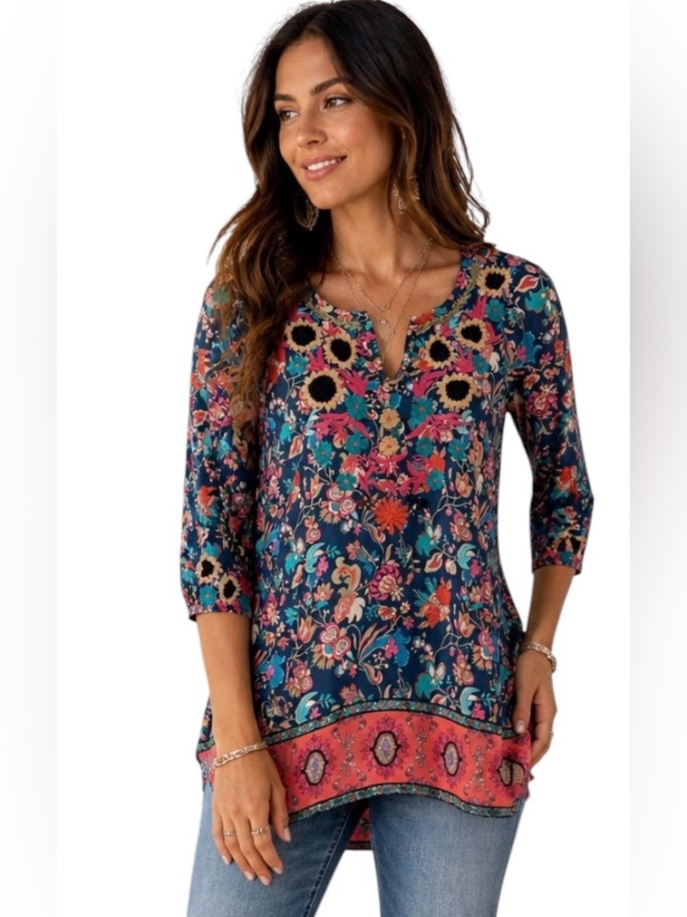 FEATHERS BY TOLANI Embroidered Boho Tunic Top Floral Modal Blue Womens Large